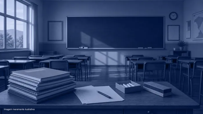 Sala de aula vazia com lousa limpa e material escolar sobre a mesa do professor, imagem meramente ilustrativa