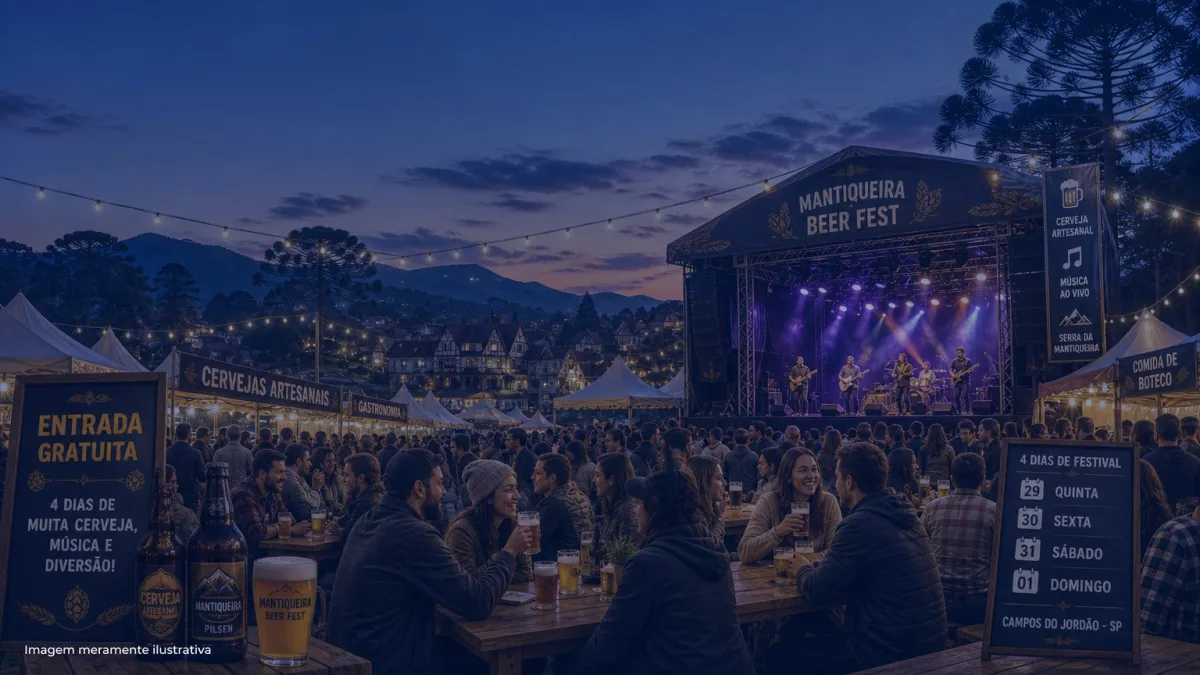 Festival de cerveja artesanal ao ar livre na serra ao entardecer, imagem meramente ilustrativa