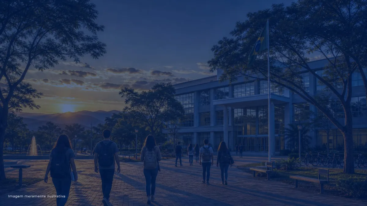 Campus universitario com estudantes caminhando de costas pelo patio arborizado, imagem meramente ilustrativa
