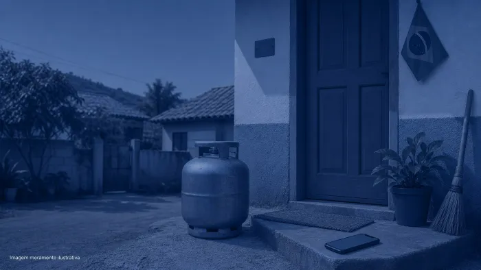 Botijao de gas de cozinha ao lado da porta de uma casa, imagem meramente ilustrativa