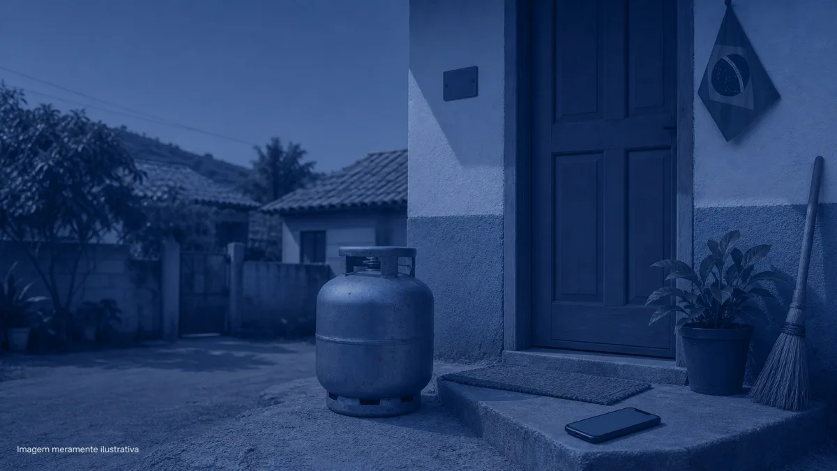Botijao de gas de cozinha ao lado da porta de uma casa, imagem meramente ilustrativa
