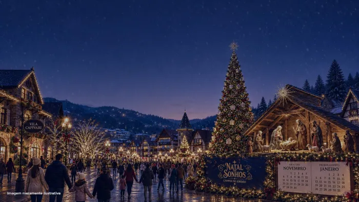 Rua decorada com luzes de Natal e árvore iluminada na serra, imagem meramente ilustrativa
