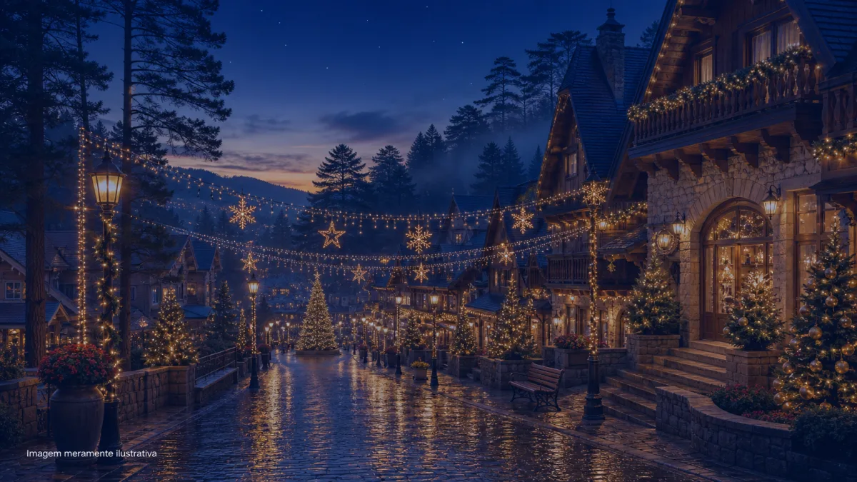 Rua de Campos do Jordão decorada com luzes de Natal ao anoitecer, imagem meramente ilustrativa
