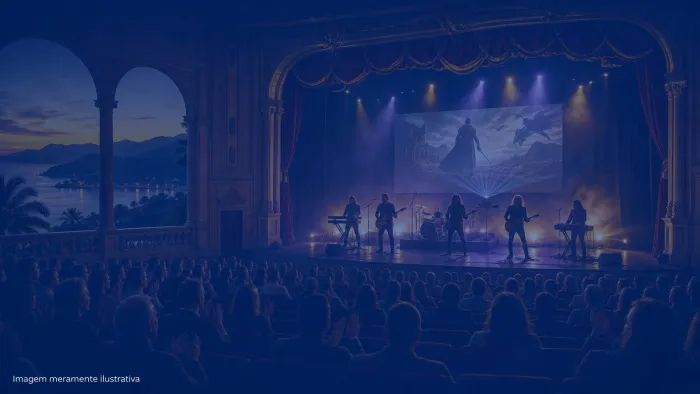 Banda de rock em silhueta no palco com tela de cinema ao fundo, imagem meramente ilustrativa