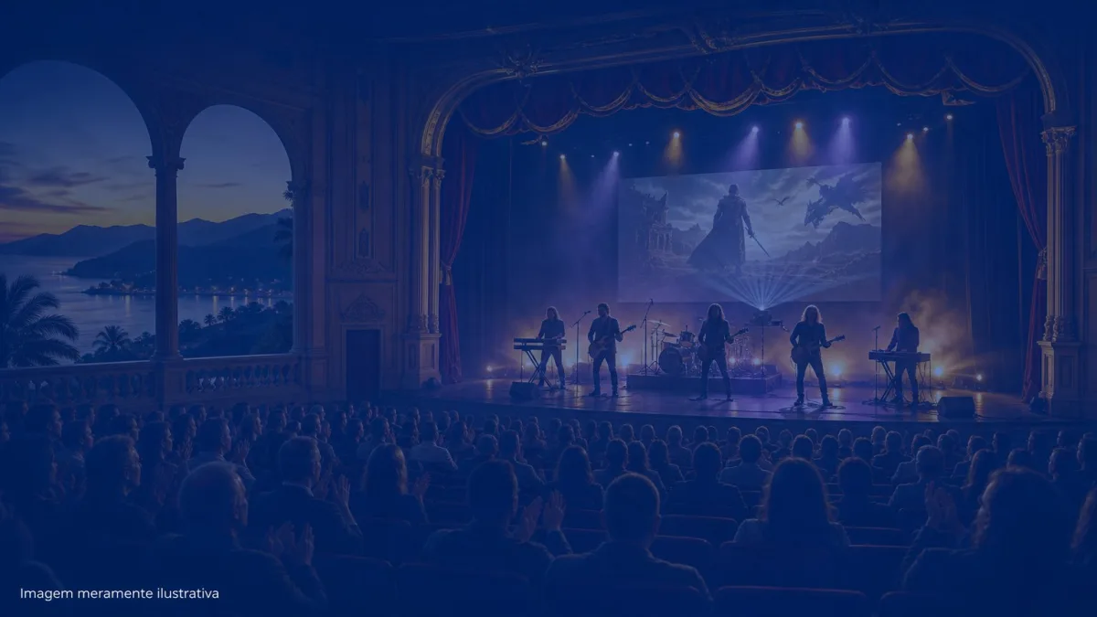 Banda de rock em silhueta no palco com tela de cinema ao fundo, imagem meramente ilustrativa