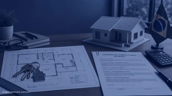 Chaves de casa sobre planta baixa impressa ao lado de maquete e contrato, imagem meramente ilustrativa