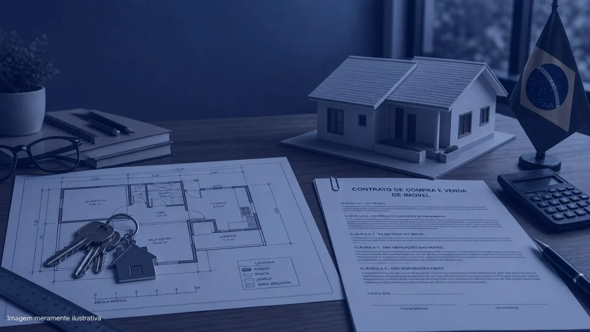 Chaves de casa sobre planta baixa impressa ao lado de maquete e contrato, imagem meramente ilustrativa