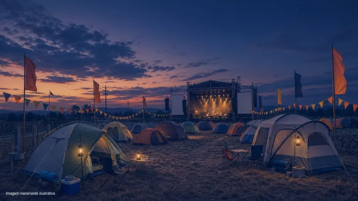 Campo com palco ao fundo, barracas de camping e bandeiras ao entardecer, imagem meramente ilustrativa