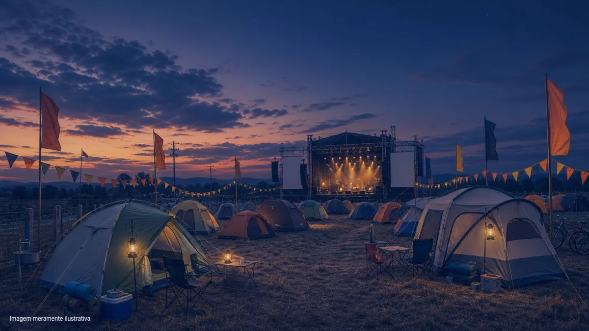 Campo com palco ao fundo, barracas de camping e bandeiras ao entardecer, imagem meramente ilustrativa