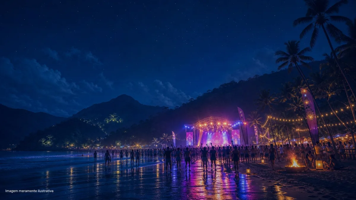 Praia a noite com palco iluminado ao longe e publico em silhueta em clima de festa de verao, imagem meramente ilustrativa