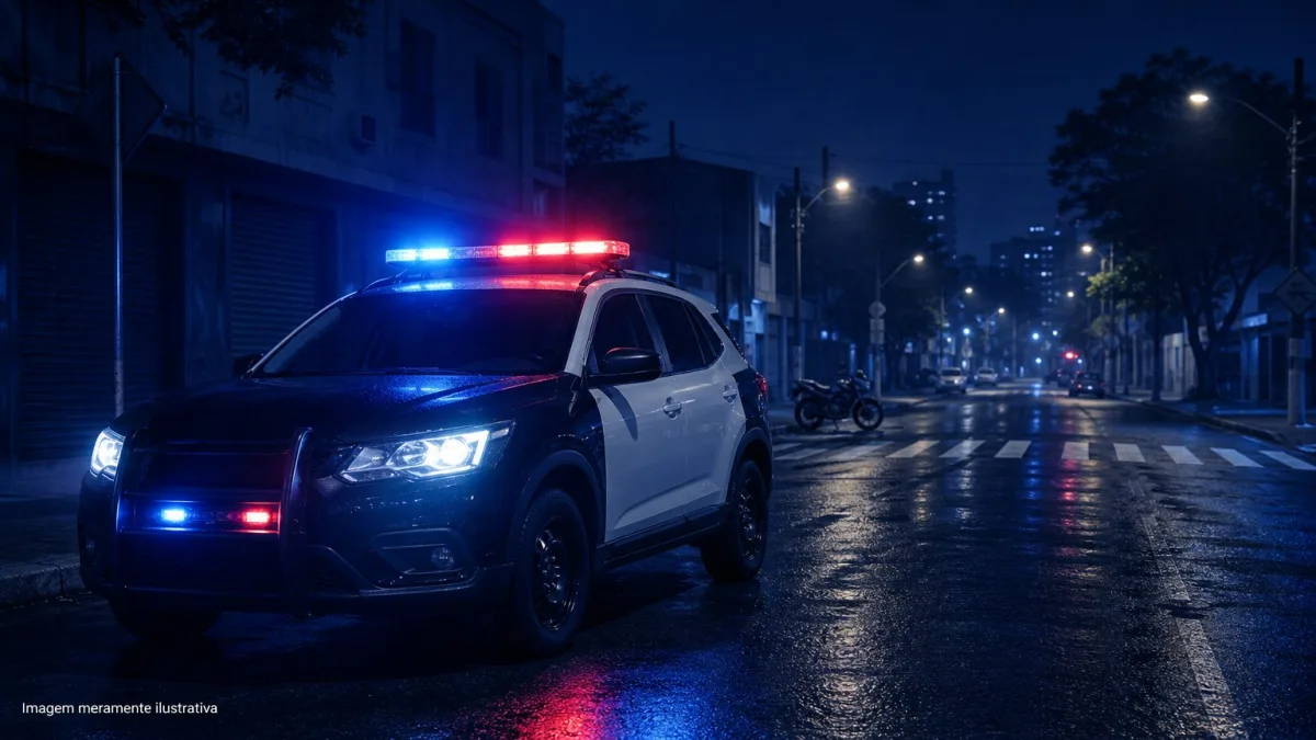 Viatura policial estacionada em rua urbana a noite com luzes acesas, imagem meramente ilustrativa