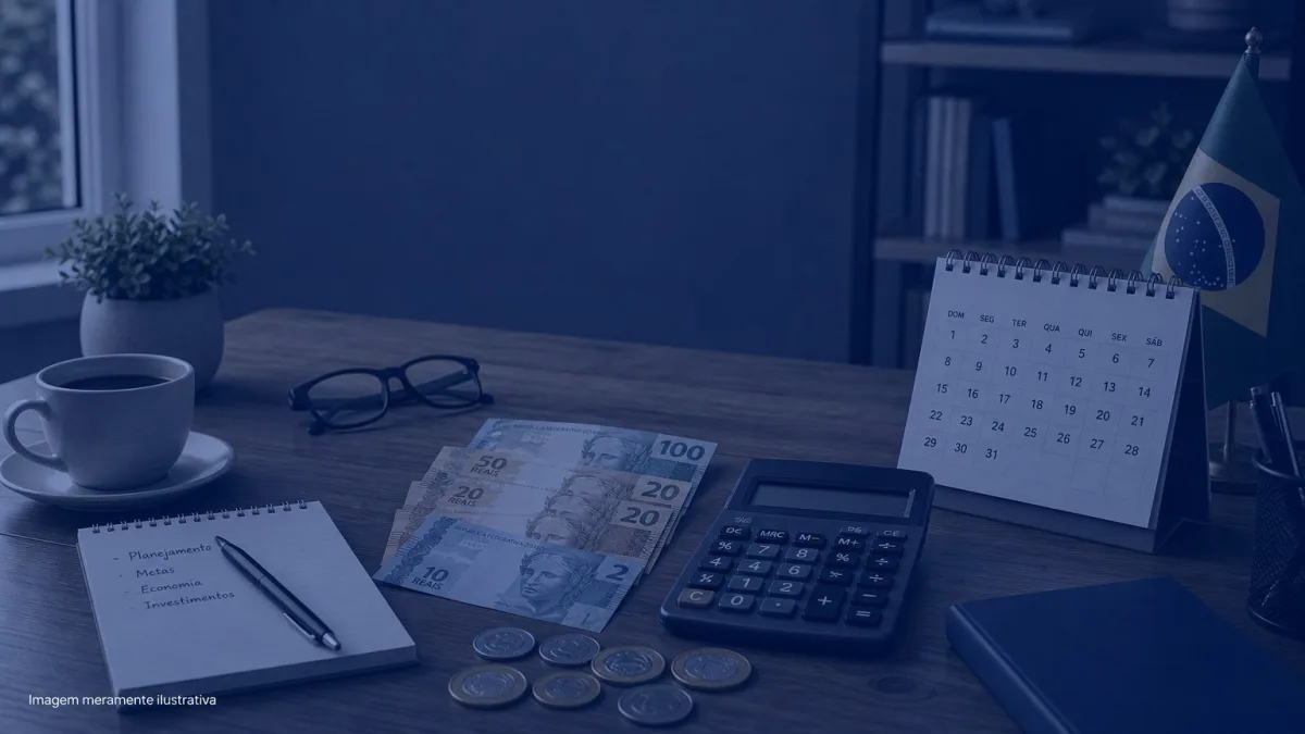 Cedulas de real e moedas sobre mesa ao lado de calculadora e calendario, imagem meramente ilustrativa