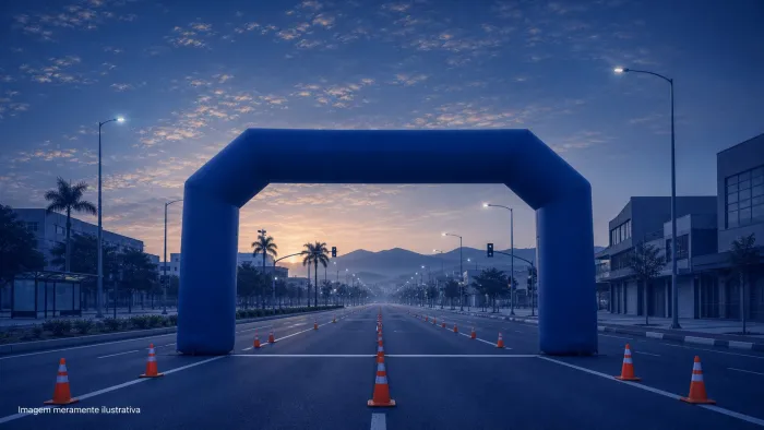Largada de corrida de rua em avenida urbana ao amanhecer com arco inflavel, imagem meramente ilustrativa