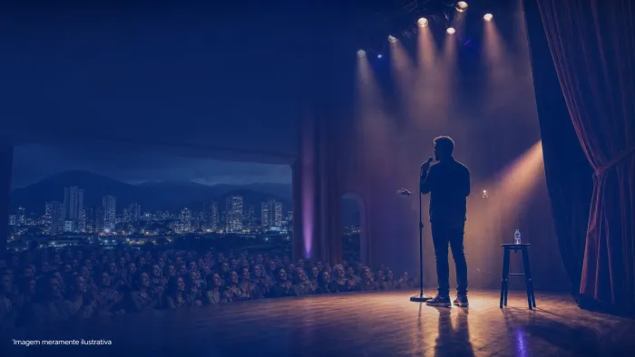 Comediante em silhueta ao microfone no palco de teatro, imagem meramente ilustrativa
