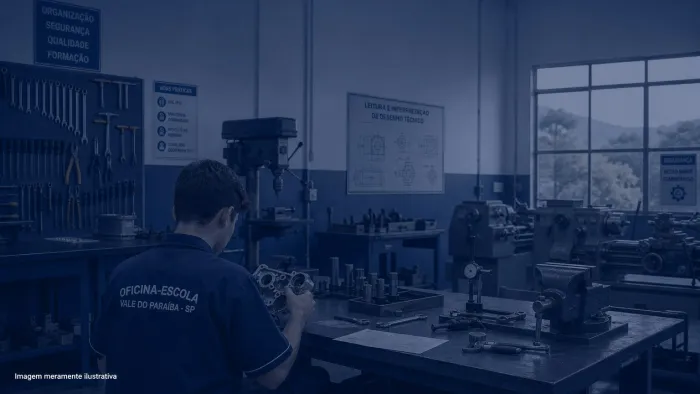Oficina-escola com bancadas e ferramentas e aluno de uniforme visto de costas, imagem meramente ilustrativa