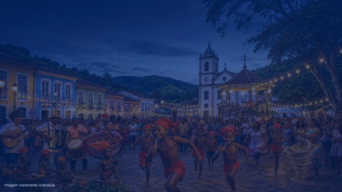 Festa folclórica na praça do centro histórico com casario colonial, imagem meramente ilustrativa