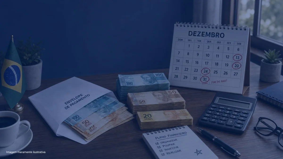 Envelope de pagamento com cedulas de real, calculadora e calendario de dezembro, imagem meramente ilustrativa