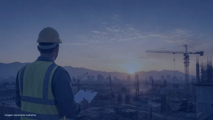 Trabalhador de uniforme e capacete visto de costas em canteiro de obras ao amanhecer, imagem meramente ilustrativa
