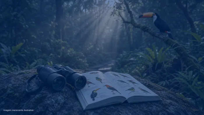 Binoculos e guia ilustrado de aves sobre pedra em trilha de mata com tucano ao fundo, imagem meramente ilustrativa
