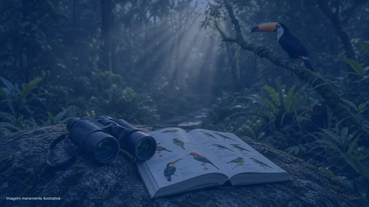 Binoculos e guia ilustrado de aves sobre pedra em trilha de mata com tucano ao fundo, imagem meramente ilustrativa
