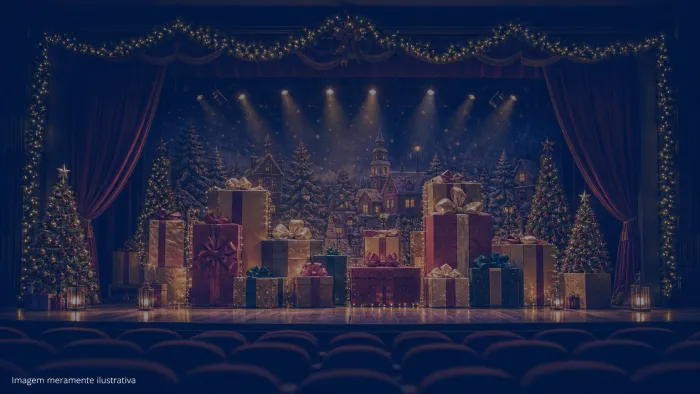 Palco de teatro com cenario natalino e caixas de presente, imagem meramente ilustrativa