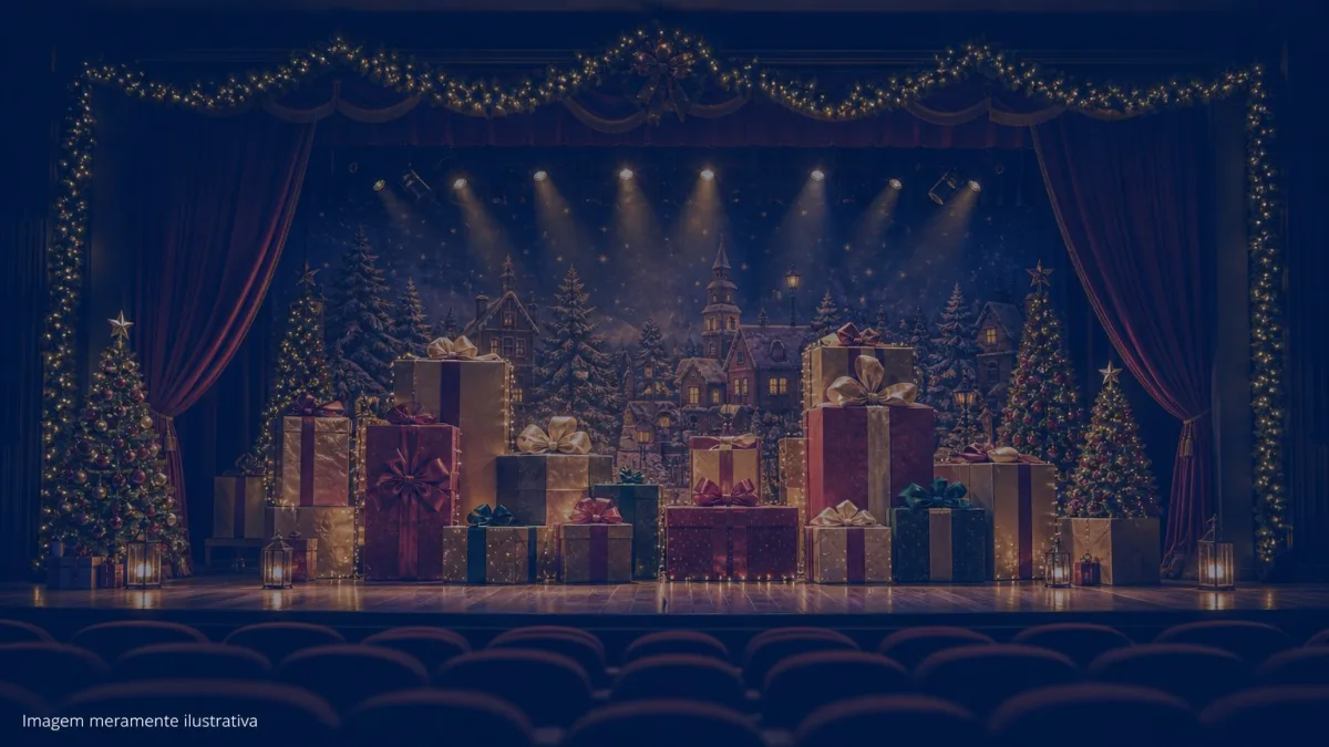 Palco de teatro com cenario natalino e caixas de presente, imagem meramente ilustrativa
