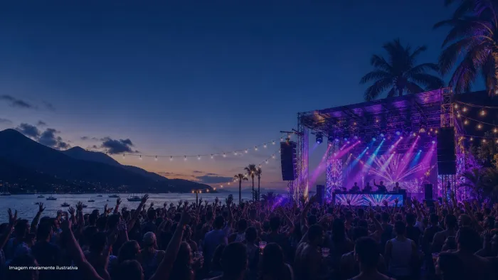 Festa eletrônica à beira-mar ao entardecer com palco iluminado e público em silhueta, imagem meramente ilustrativa