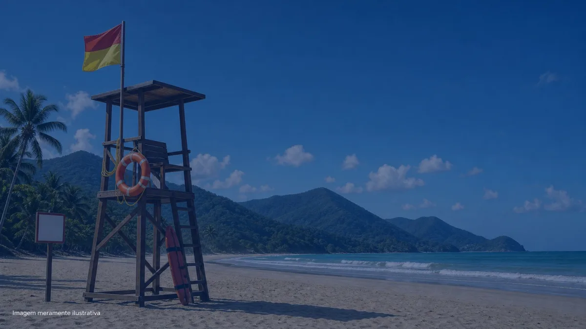Cadeira alta de guarda-vidas na areia com boia salva-vidas e bandeira de sinalizacao, imagem meramente ilustrativa
