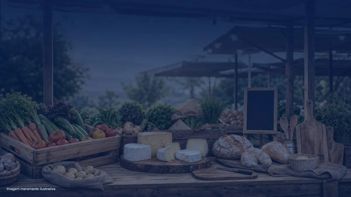 Bancada de feira gastronomica com legumes frescos, paes e queijos, imagem meramente ilustrativa