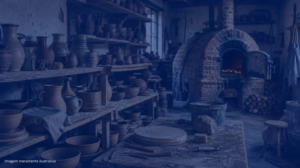 Ateliê de cerâmica com peças de barro em prateleiras e forno a lenha ao fundo, imagem meramente ilustrativa