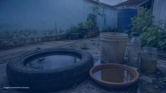 Quintal com agua parada em pneu velho, baldes e prato de vaso, imagem meramente ilustrativa