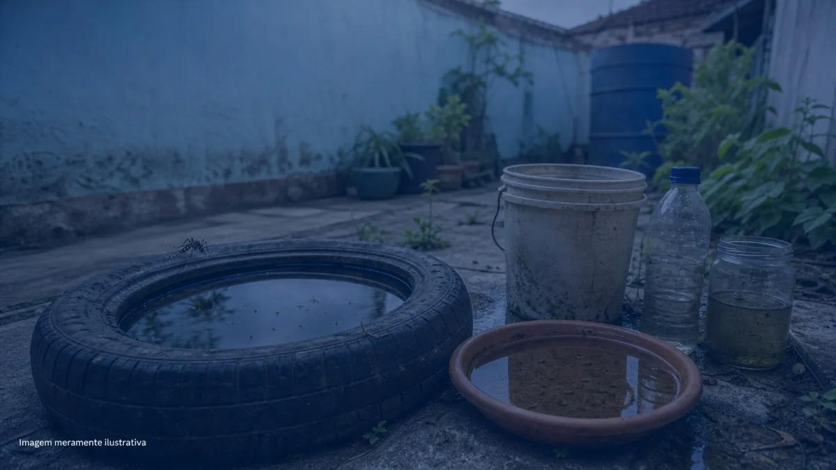 Quintal com agua parada em pneu velho, baldes e prato de vaso, imagem meramente ilustrativa