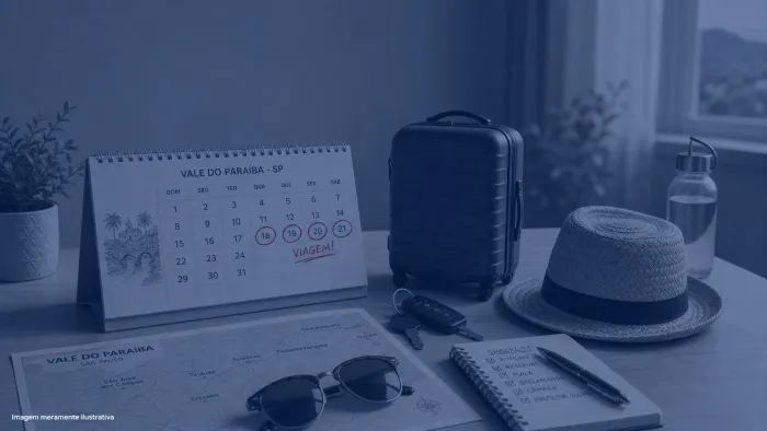 Calendario de mesa com dias marcados ao lado de mala pequena e chapeu de palha, imagem meramente ilustrativa