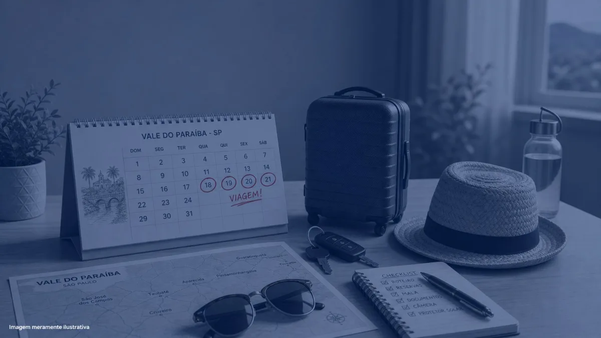 Calendario de mesa com dias marcados ao lado de mala pequena e chapeu de palha, imagem meramente ilustrativa