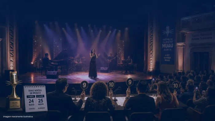 Palco de festival de música autoral com jurados e plateia, imagem meramente ilustrativa