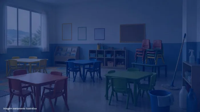 Sala de aula de educacao infantil vazia com mesinhas coloridas e cadeiras empilhadas, imagem meramente ilustrativa