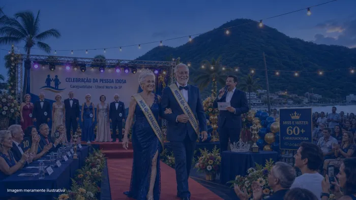 Grupo de pessoas idosas sorrindo em evento comunitario com faixas e decoracao festiva, imagem meramente ilustrativa