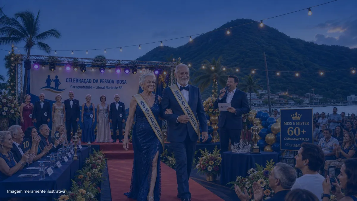 Grupo de pessoas idosas sorrindo em evento comunitario com faixas e decoracao festiva, imagem meramente ilustrativa