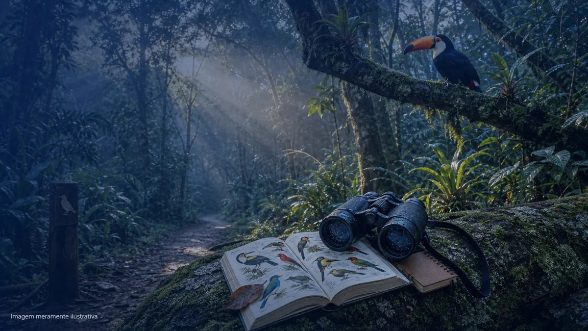 Binoculos e guia de aves sobre tronco em trilha de mata ao amanhecer, imagem meramente ilustrativa