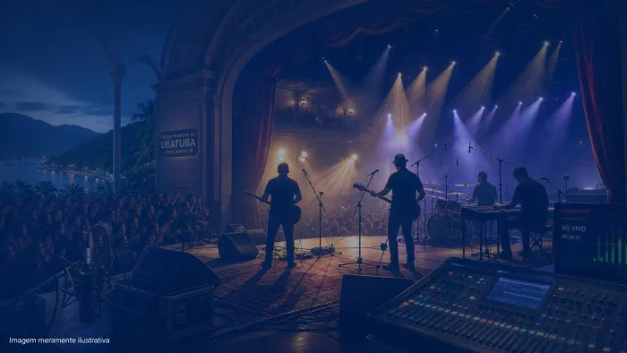 Banda em silhueta no palco de teatro municipal com microfones de estúdio, imagem meramente ilustrativa