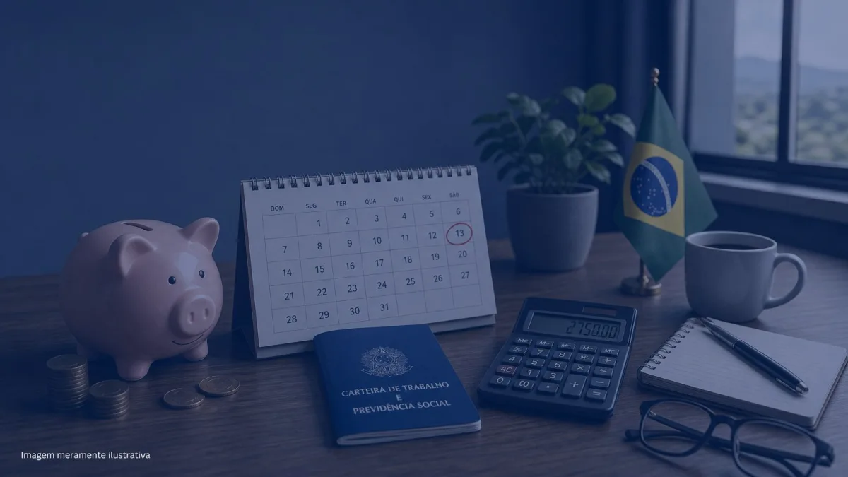 Cofrinho, calendario e carteira de trabalho sobre mesa com calculadora, imagem meramente ilustrativa