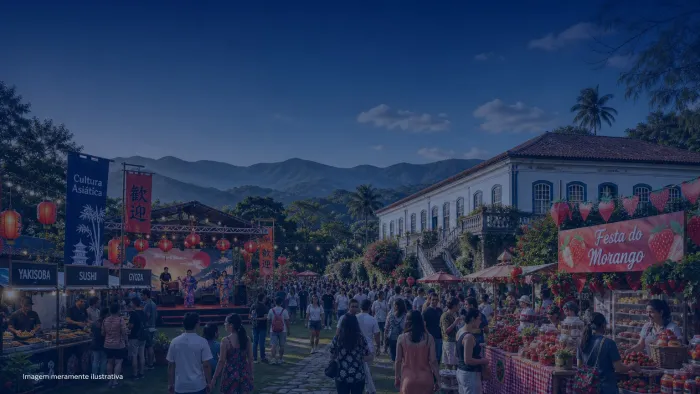 Festival ao ar livre com barracas de comida asiática e lanternas, imagem meramente ilustrativa