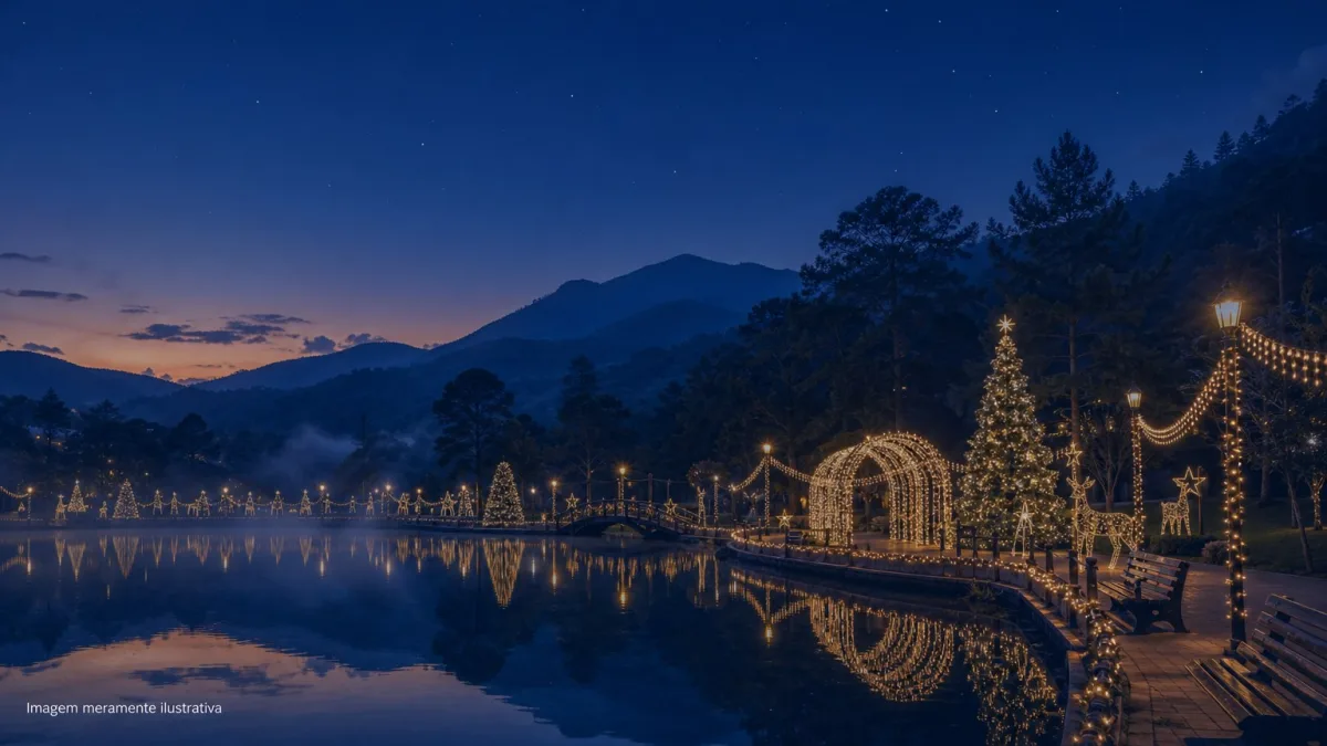 Lago de parque de montanha com decoracao de natal iluminada ao anoitecer, imagem meramente ilustrativa