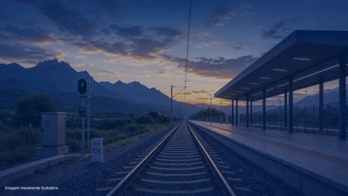 Trilhos de ferrovia ao lado de plataforma vazia com montanhas ao fundo no fim de tarde, imagem meramente ilustrativa