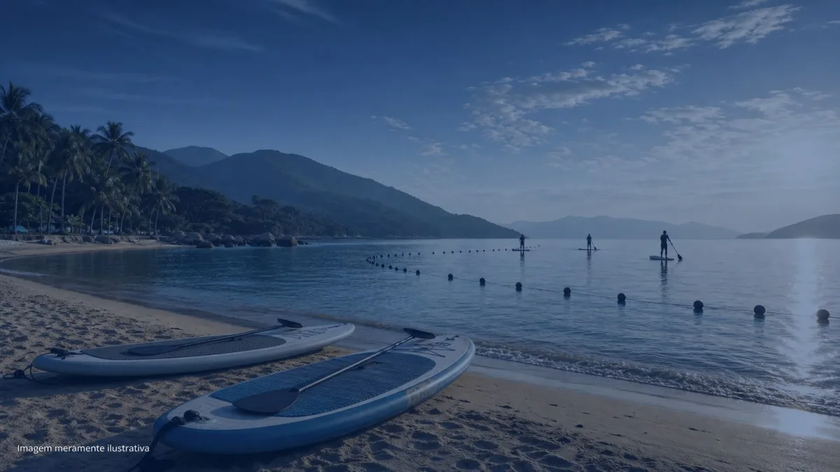 Pranchas de stand up paddle na areia e boias de balizamento no mar em praia calma, imagem meramente ilustrativa