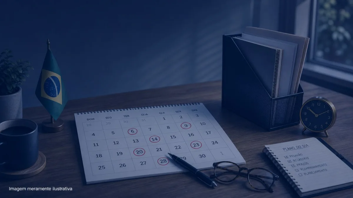 Calendario com dias circulados em vermelho ao lado de oculos e porta-documentos, imagem meramente ilustrativa