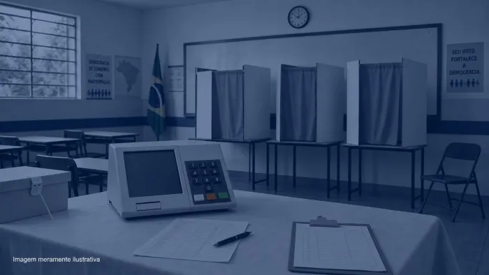 Urna eletronica sobre mesa de secao eleitoral com cabines de votacao ao fundo, imagem meramente ilustrativa