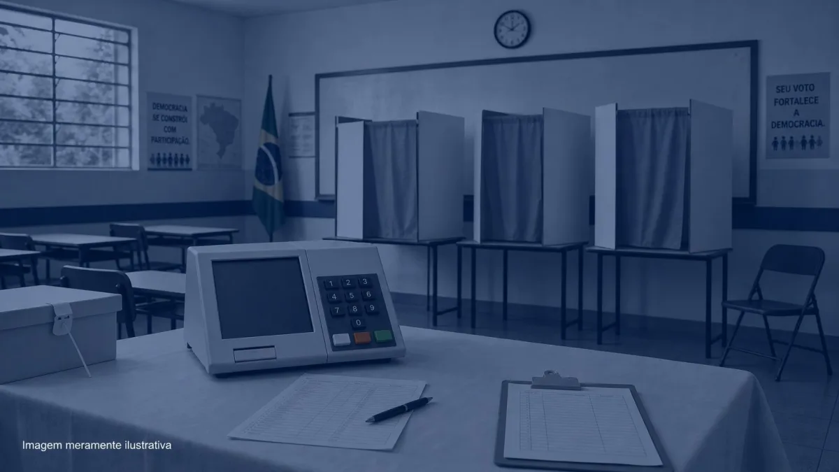Urna eletronica sobre mesa de secao eleitoral com cabines de votacao ao fundo, imagem meramente ilustrativa